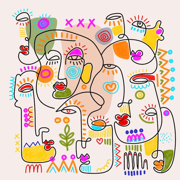 Abstract people face portrait line art shapes and doodles hand drawn vector fashion design