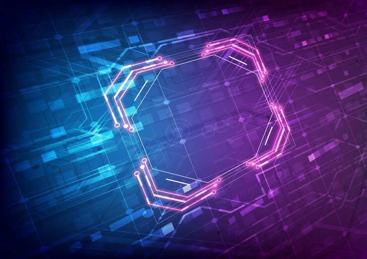 Vector abstract perspective hardware and software background circuit board chip processor mainboard and code programmer hitech computer engineer pixels screen and database coding neon light effect