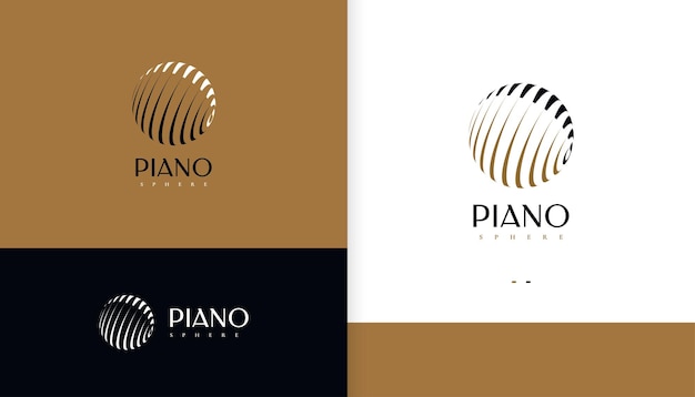 Logo astratto del pianoforte con logo o icona del pittogramma del pianoforte a sfera adatto per marchi musicali e loghi del negozio