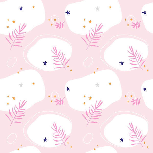 Abstract pink background with tropical leaves and stars