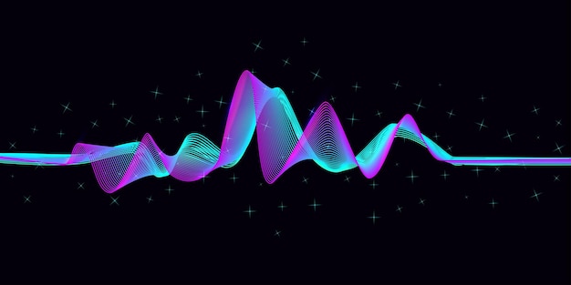 Abstract pink and blue sound waves on black background light waves with stardust vector illustration