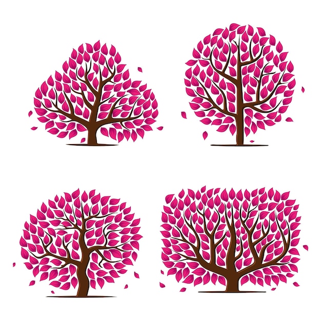 Abstract pink leaves tree silhouettes set