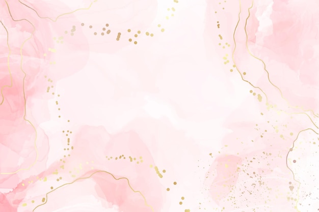 Абстрактный розовый жидкий акварельный фон с золотыми точками и линиями