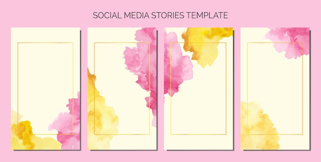 Abstract pink and yellow watercolor stain as background of social media stories template