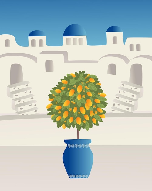 Vettore luoghi astratti villaggi piccole strade cittadine a santorini spagna grecia e italia nei colori blu e albero di limone illustrazioni vettoriali di viaggio e design