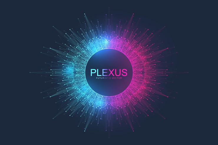 Vector abstract plexus background with dynamic particles. plexus stream background with fractal elements. deep learning artificial intelligence. big data algorithm visualization. digital vector illustration.