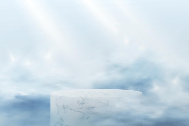 Abstract podium on a blue background. realistic scene with marble empty platform for showcasing cosmetics in the clouds in pastel colors.