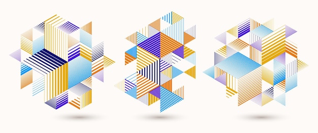 Abstract polygonal backgrounds with stripy triangles and 3D cubes vector designs set. Templates for different advertising or covers or banners. Retro style graphic elements.