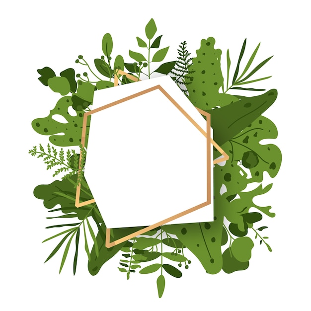 Abstract polygonal gold floral frame with green exotic tropical leaves, branch, berries.