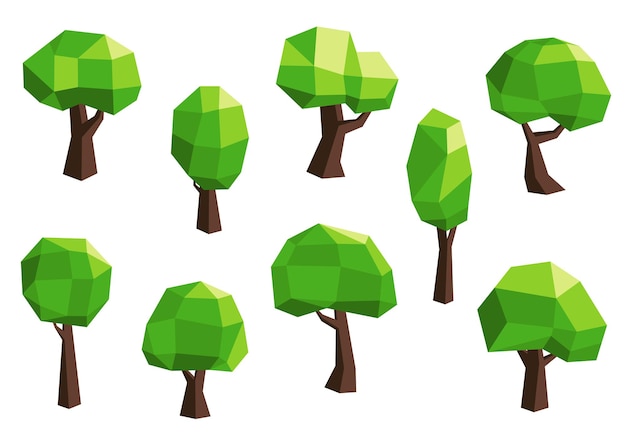 Abstract polygonal green tree icons set with rounded green crowns