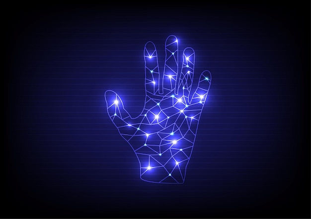 Vector abstract polygonal hand background in low poly style with glowing lights