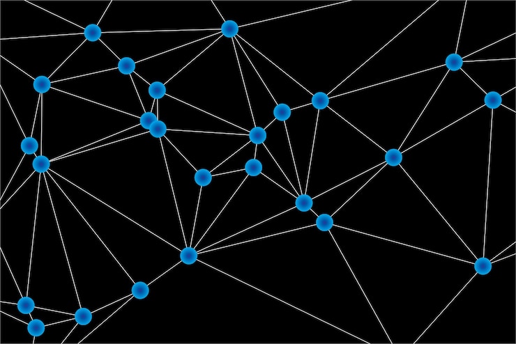 Vector abstract polygonal mesh with black nodes and thin lines creating a minimalist geometric network pattern