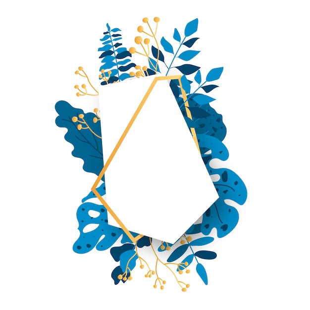 Абстрактная многогранная золотая цветочная рамка с голубыми экзотическими тропическими листьями, веткой, ягодами. Пустой шаблон для текста. Роскошные декоративные современные многоугольные геометрические
