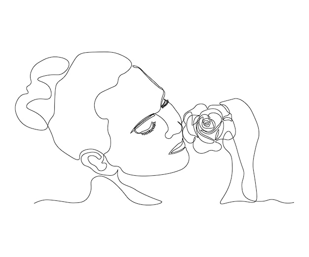 花の匂いを嗅いでいる目を閉じた女の子の抽象的なポートレート 1 本の線で連続描画