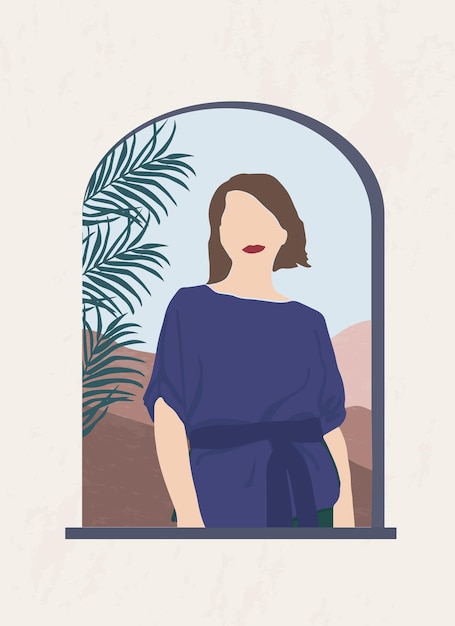 Abstract portrait of a woman in an arched window against a mountain landscape