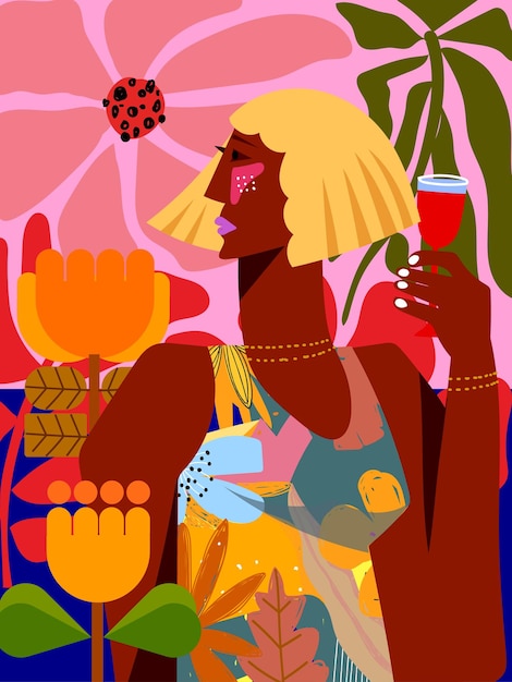 抽象的な女性の肖像画 幾何学的なドードルラインアート 粗略な手描きのベクトルイラスト 壁画