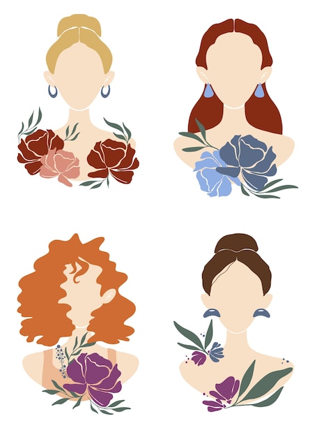 Vector abstract portraits of women in flowers