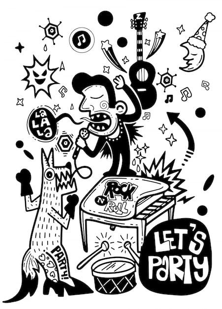 Abstract poster ,cartoon man and fox  singing with a microphone.