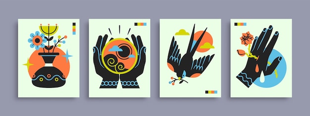 Vector abstract poster collection with hands animals and abstract elements and shapes