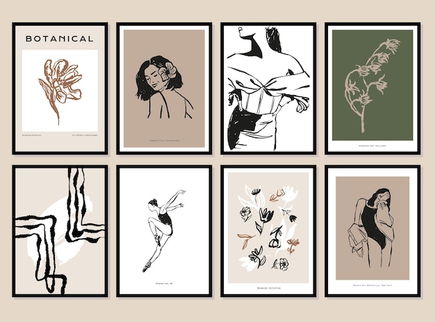 Abstract poster collection with woman silhouettes and flowers illustrations for modern art gallery