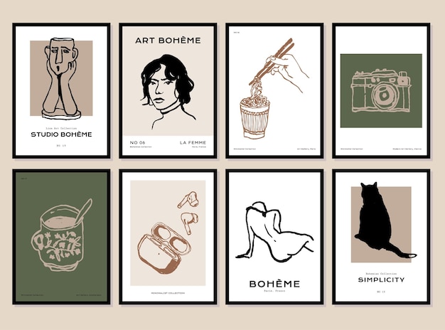 abstract poster collection with woman silhouettes and flowers illustrations for modern art gallery