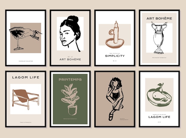abstract poster collection with woman silhouettes and flowers illustrations for modern art gallery