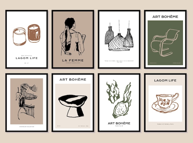 abstract poster collection with woman silhouettes and flowers illustrations for modern art gallery