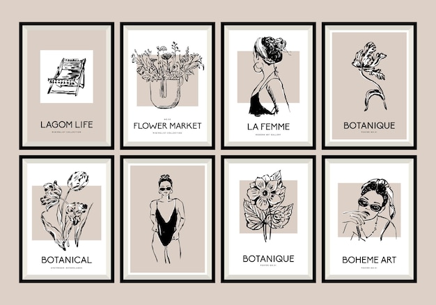 Abstract poster collection with woman silhouettes and flowers illustrations for modern art gallery