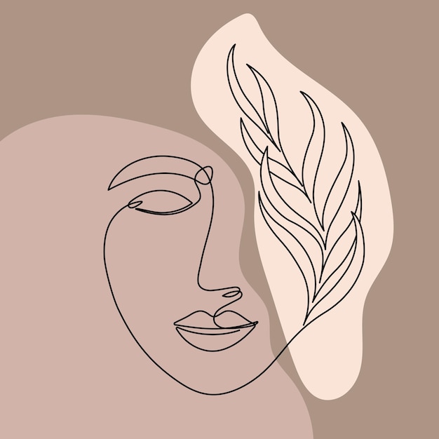 Abstract Poster line woman face with leaf Oneline drawing style