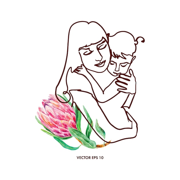 Vettore poster astratto di madre e figlio fiore one line carte d'arte per la giornata delle madri copre certificati