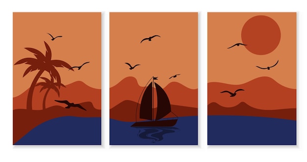 Abstract poster painting art with sea yacht palm trees seagulls and mountains at sunset