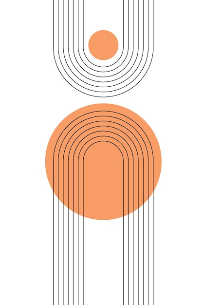 보헤미안 아치가 있는 추상 포스터는 따뜻한 주황색으로 단순한 모양을 줄무늬로 만듭니다. Boho 아치 배너입니다.