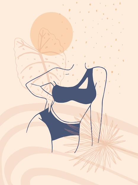 Abstract poster with woman in swimsuit Female body in lingerie in minimalist boho style