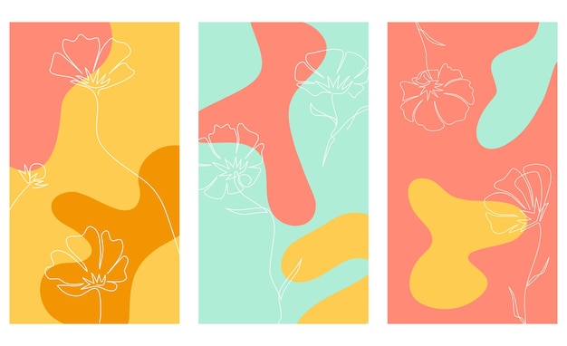 Abstract posters set Line art flowers and irregular liquid spots simple minimalistic design