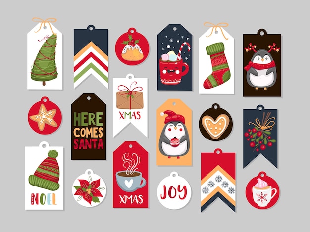 Abstract printable tags collection for christmas, new year. vector illustration. merry holidays