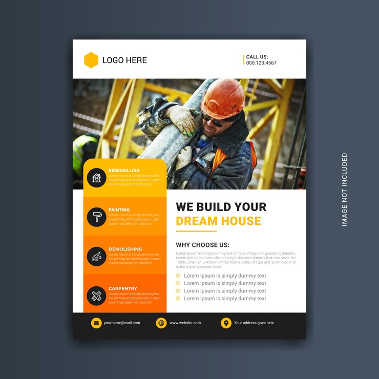Vector abstract professional creative yellow and black construction business flyer template  