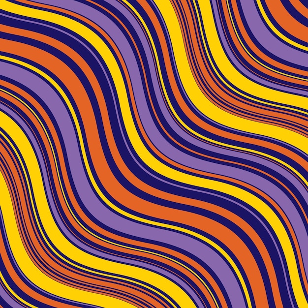 Абстрактный психоделический заводной волнистый узор с оранжево-желтыми синими и фиолетовыми полосами