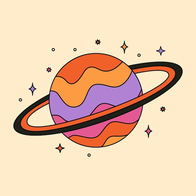 Abstract psychedelic planet with rings Groovy vector graphic