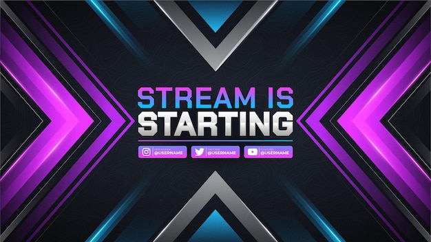 Vettore modello di banner di inizio di contrazione viola e blu astratto per streamer di gioco