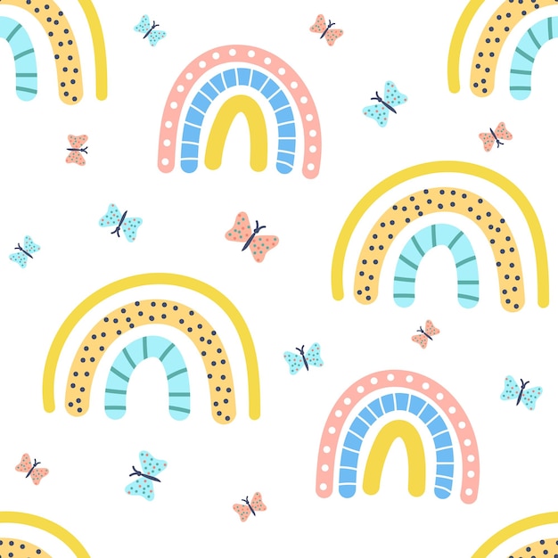 Abstract rainbow and butterflies childish seamless pattern