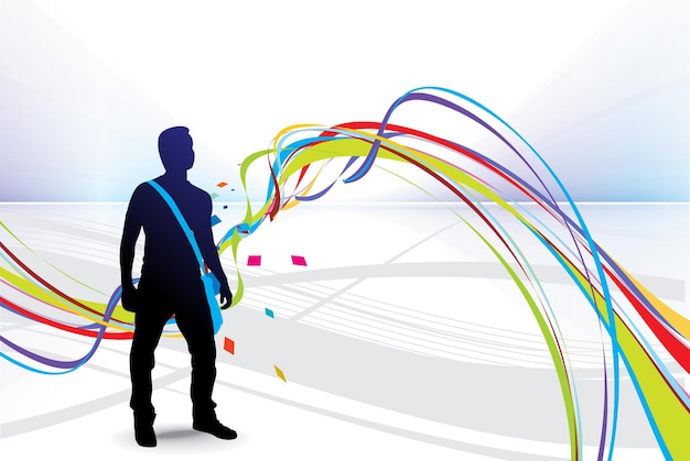 abstract rainbow floral wave line background with standing young student silhouetted vector illustration xa