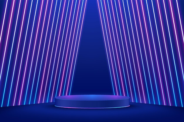 垂直ネオン照明のある抽象的な部屋の抽象的な現実的な3d青いシリンダー台座表彰台