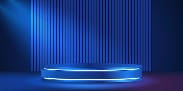 Vector abstract realistic 3d blue cylinder pedestal podium with blue perspective stripes