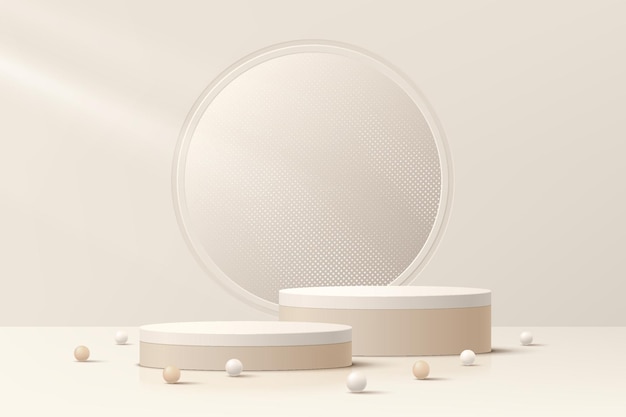 Abstract realistic 3D light brown cylinder pedestal podium set and glowing glitter in circle window