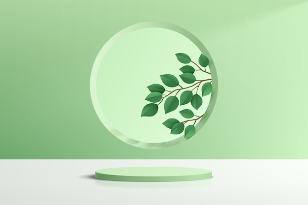 Абстрактный реалистичный 3D пастельный зеленый цилиндр пьедестал подиум с зеленым листом в окне круга