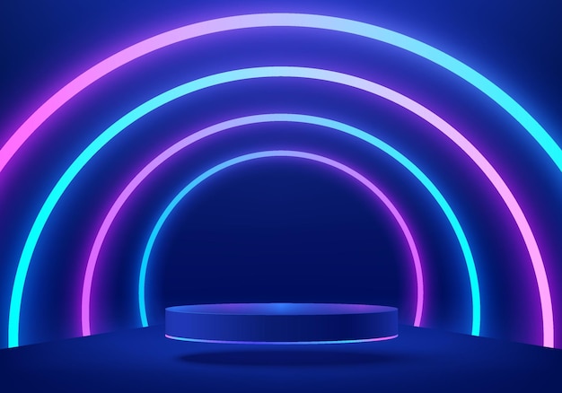 abstract realistic blue 3d cylinder podium scifi abstract room with tunnel glowing neon lighting