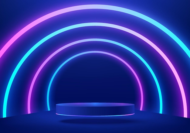 Abstract realistic blue 3d cylinder podium Scifi abstract room with tunnel glowing neon lighting