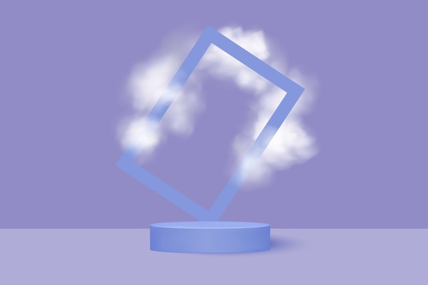 Abstract realistic cylindrical podium on a blue background between white fog or clouds.