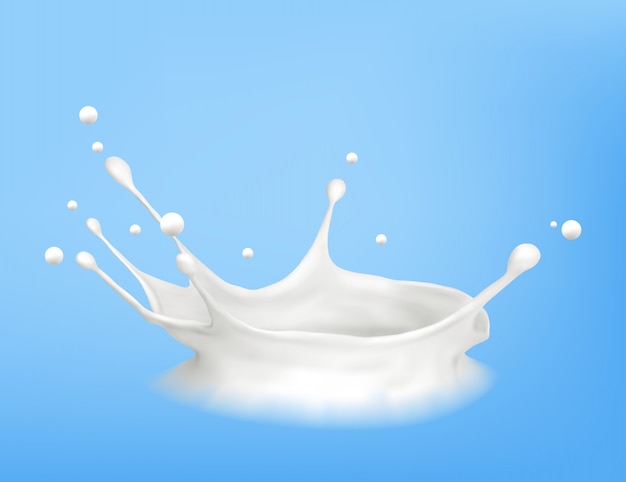 Abstract realistic milk drop with splashes isolated on blue background.