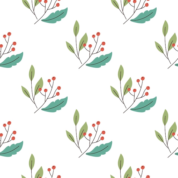 Abstract red berry elements with green leaves seamless pattern